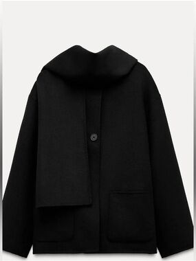 Zara Black Collarless Wool Coat with Matching Scarf